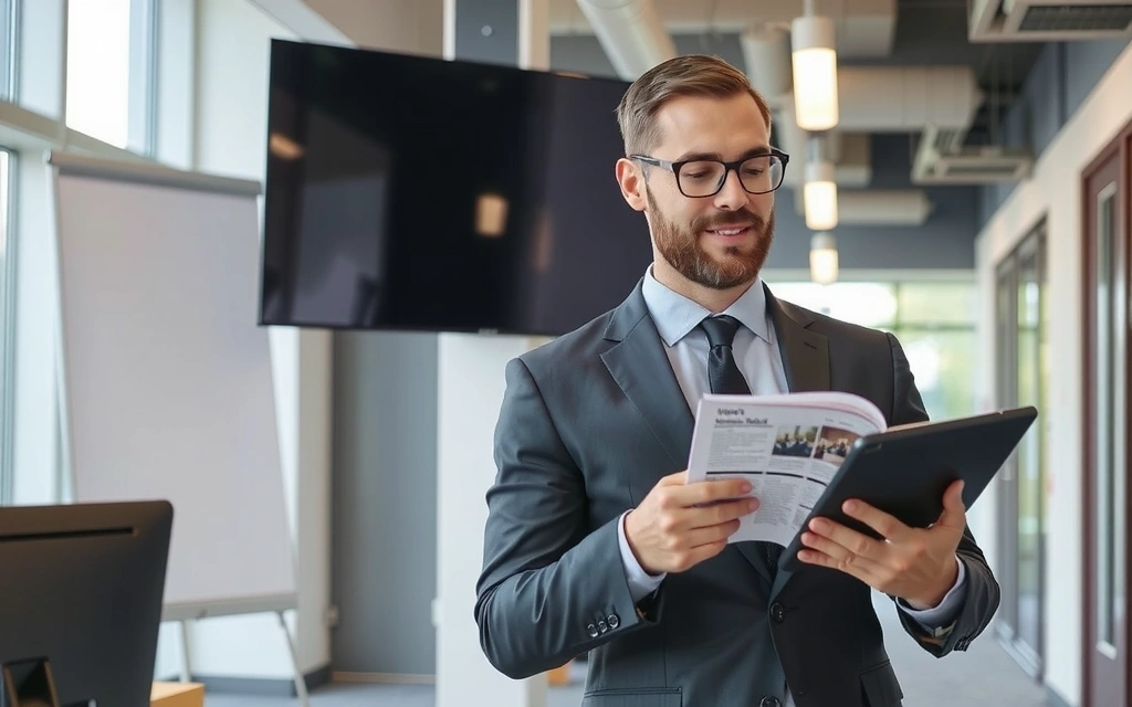 Uomo d'affari che legge notizie su un tablet in un ambiente moderno e dinamico.
