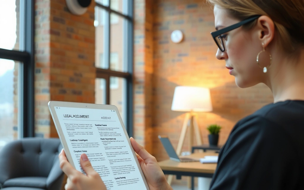 Immagine di una persona che legge documenti legali su un tablet, simboleggiando la responsabilità dell'utente